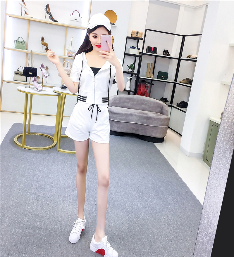 PF17768#夏季时尚网红连帽拉链休闲上衣+绑带运动短裤套装女裝貨源服裝...