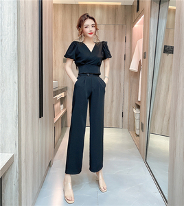 RM18231#夏季时尚气质网红V领短款上衣显瘦长裤套装两件套