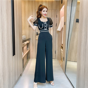 RM18201#夏时尚气质网纱拼接织带撞色洋气单排扣连体裤长裤