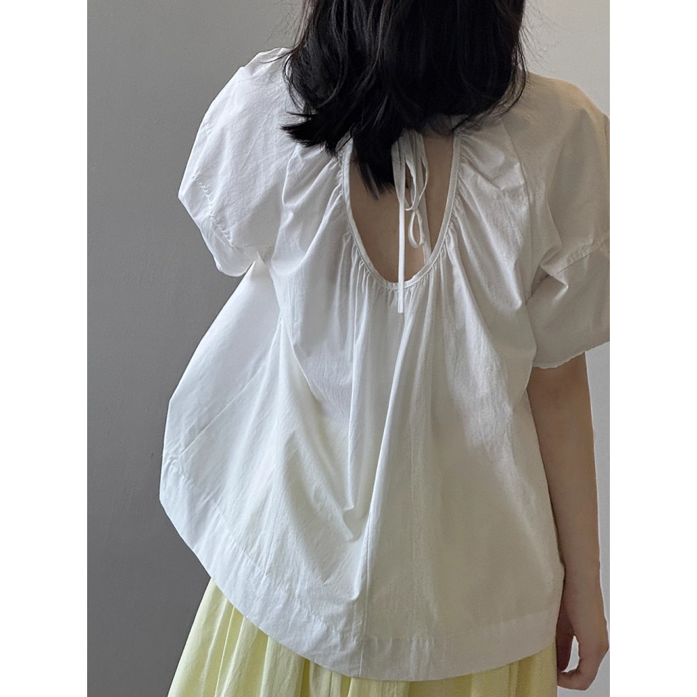宝蓝色系带镂空露背短袖衬衫女夏季设计感小众法式上衣宽松娃娃衫