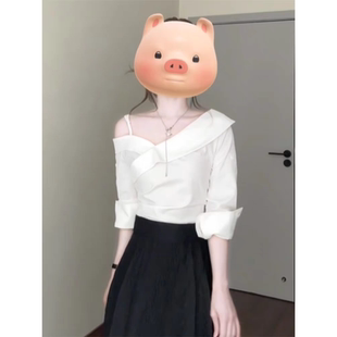 韩系设计感小众白色一字肩衬衫 夏 上衣黑色半身伞裙中长款 两件套装