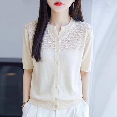 桑蚕丝短袖t恤女2026新款夏季镂空洋气上衣显瘦冰丝针织衫