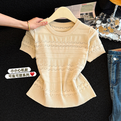 镂空针织衫短袖女2026新款夏季小众设计感圆领气质上衣