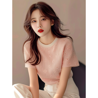 欧货粉色针织短袖t恤女夏季独特别致小众小衫超好看甜美正肩上衣