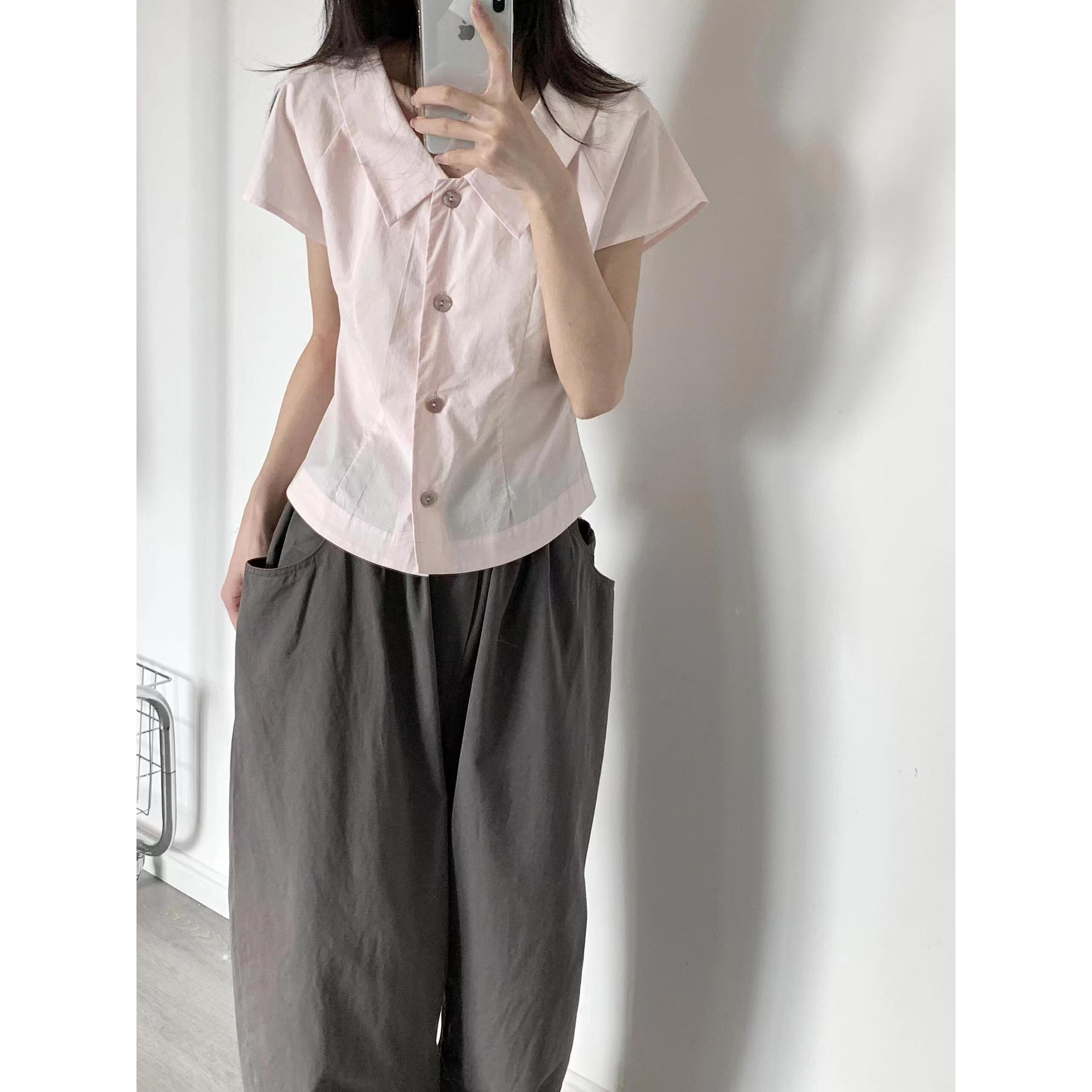 chummygirls 基础贝壳扣小衬衫领小飞袖百搭打褶收腰短袖衬衫