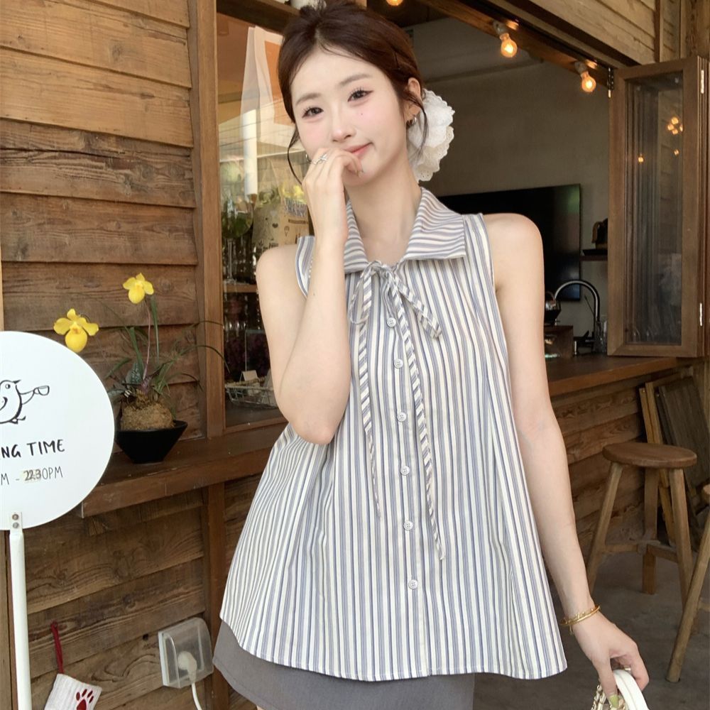 2025夏季新款复古显瘦高级无袖衬衫上衣女甜美系带背心超好看小衫