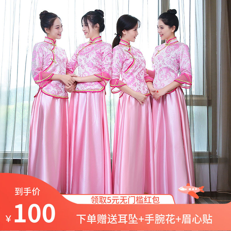 中式伴娘服2020新款春季长款民国姐妹团闺蜜装中国风演出服女长裙
