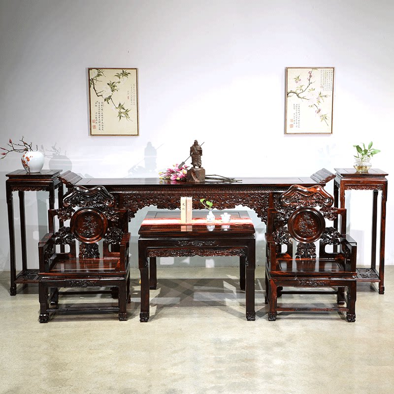 红木中堂六件套老挝大红酸枝香火神台雕花翘头案台交趾黄檀条案