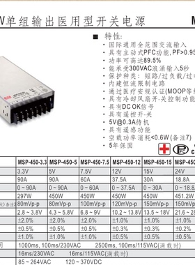 MSP-450-3.3/5/7.5/12/15/24/36/48V 医用型 MEANWELL  开关电源