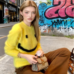 地球店软糯慵懒风仿貂毛提花毛衣秋冬高级感宽松圆领针织衫 上衣女