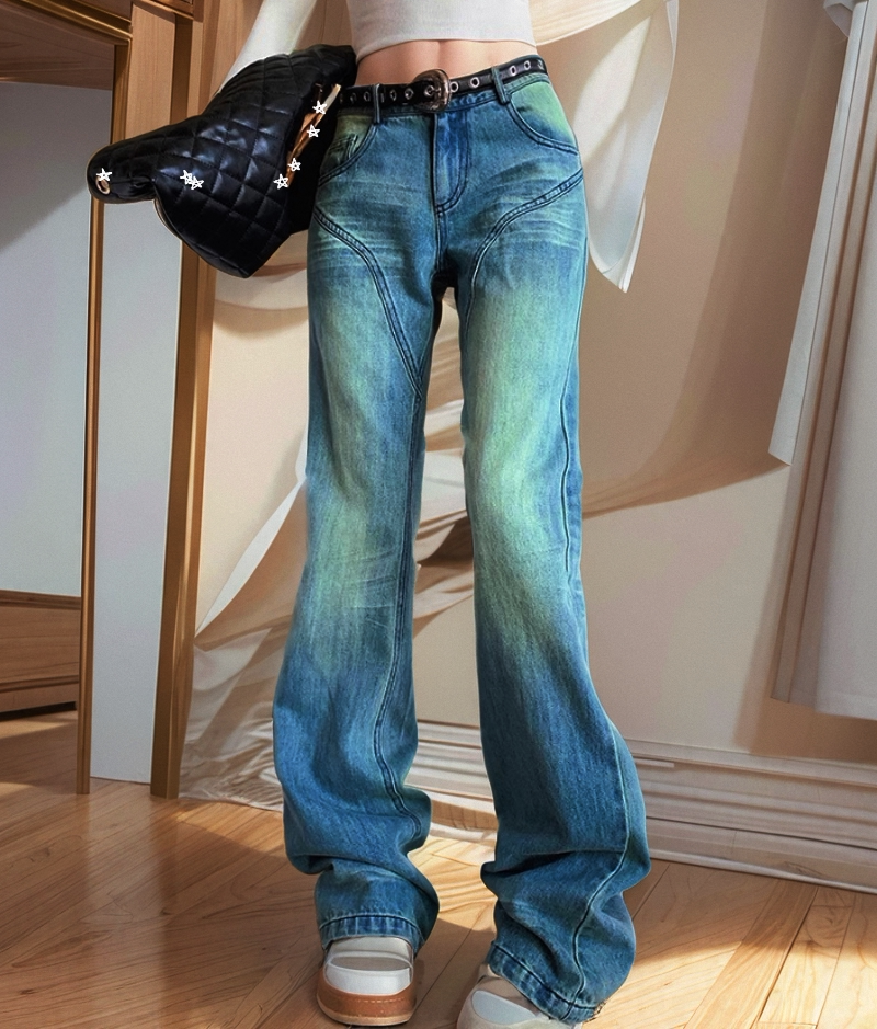 地球店蓝色低腰显瘦微喇水洗牛仔裤女春夏宽松阔腿裤子小众设计感