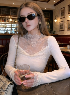 大MOSS新品【暖岁】新中式醋酸羊毛拼接蕾丝针织打底衫女