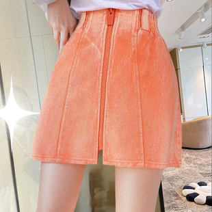 地球店夏季超火的橙色牛仔裙女修身百搭显瘦拉链a字半身短裙子