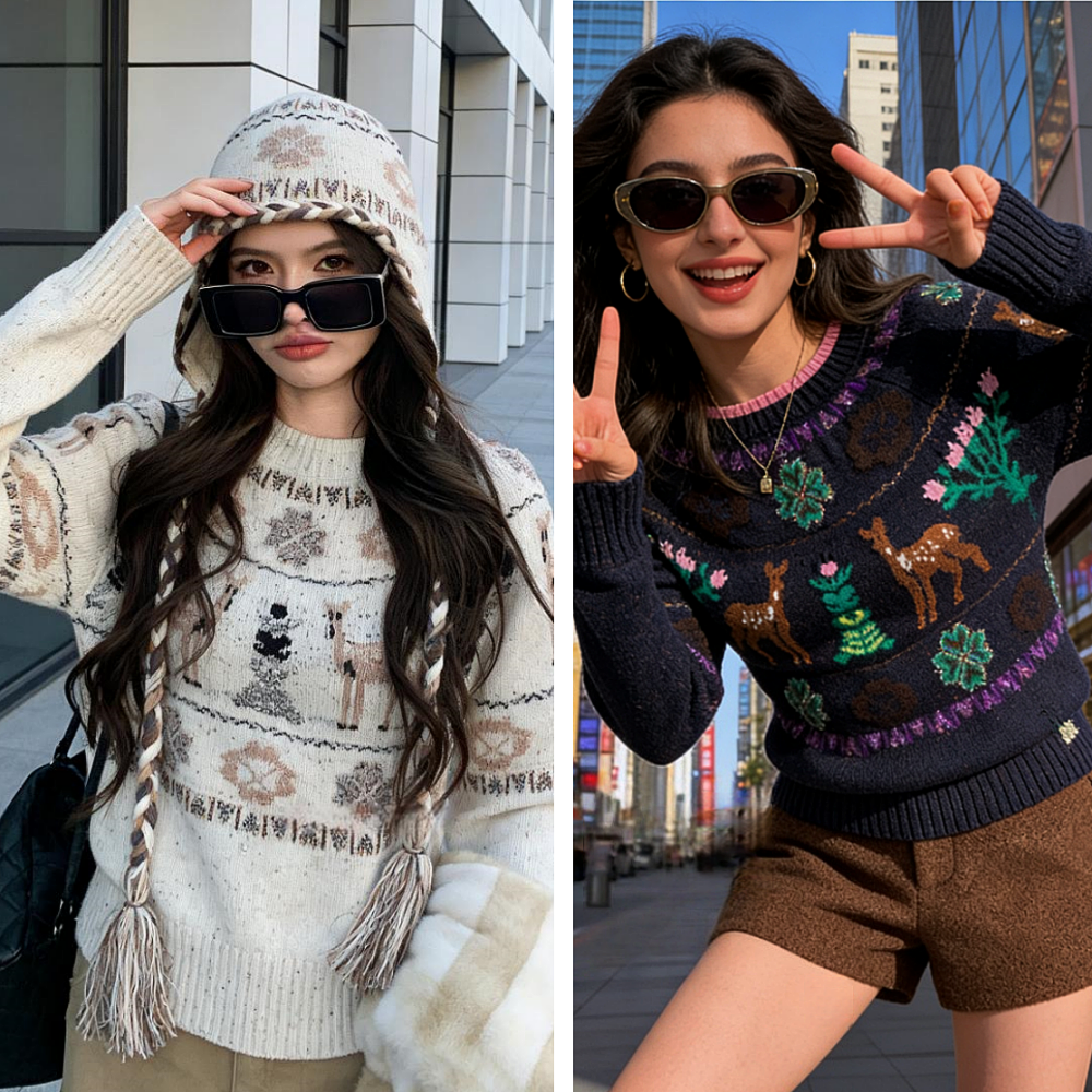 地球店圣诞穿搭复古费尔岛针织衫修身白色毛衣女冬季加厚羊毛上衣