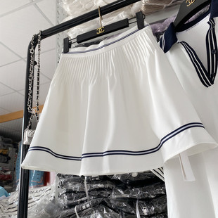 地球店 少女减龄海军风白色高腰a字半身裙女夏季薄款百褶短裙