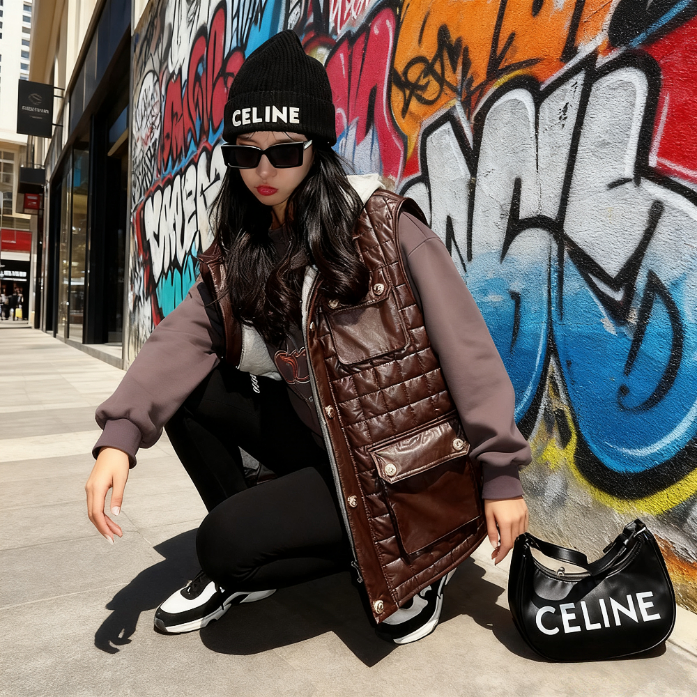 地球店可拆卸卫衣帽设计深可可色假两件pu皮夹克百搭马甲外套女,女装/女士精品,马夹,淘宝优惠券,粉丝福利购,淘宝优惠卷