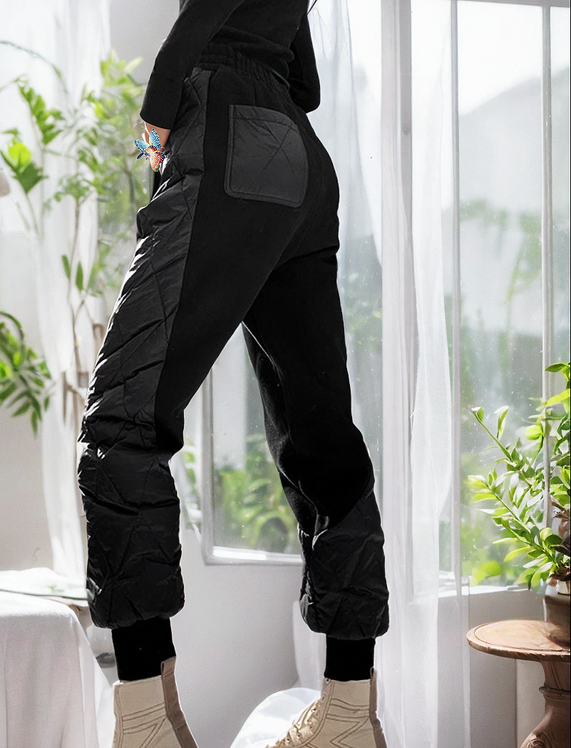 地球店 拼接束脚萝卜加绒羽绒裤女外穿冬季加厚高腰保暖棉裤子