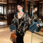 地球店【浓璀华金】新中式金丝绒撞色外套+拼接连衣裙套装女