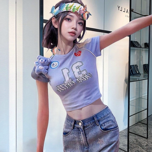 地球店 夏日多巴胺蓝色立体玩偶短款修身显瘦短袖T恤上衣女