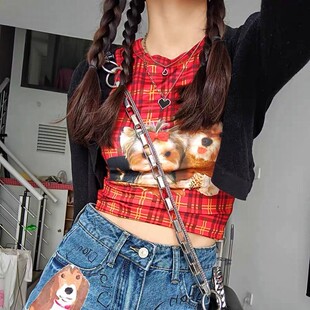 地球店 红色撞色格子小狗印花工字背心吊带女夏季修身百搭上衣