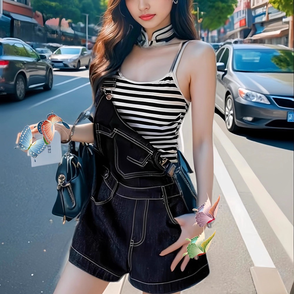 地球店美式复古字母印花宽松显瘦休闲牛仔背带裤女夏薄款高腰短裤