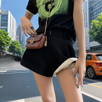 地球店黑色宽松阔腿休闲短裤