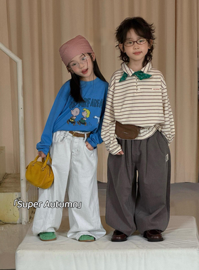 男童秋季新款韩版洋气条纹polo领上衣卡通印花蓝色长袖T恤isn网红