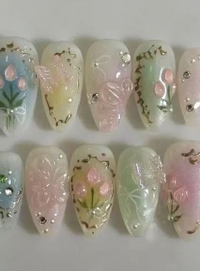 24pcs Short Almond Press on Nails 3D Flower Butterfly Fake N