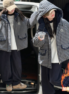 女童2026新款棉服女大童冬季连帽格子棉衣女孩冬装超好看夹棉外套