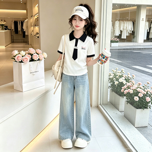 女童夏季学院风POLO衫薄款牛仔裤两件套2026新款儿童短袖休闲套装