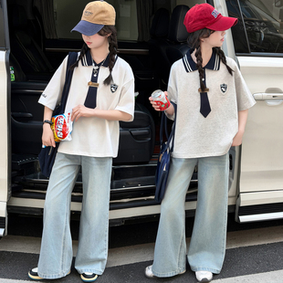 女童夏季套装2026新款学院风休闲牛仔裤洋气短袖polo衫夏装两件套
