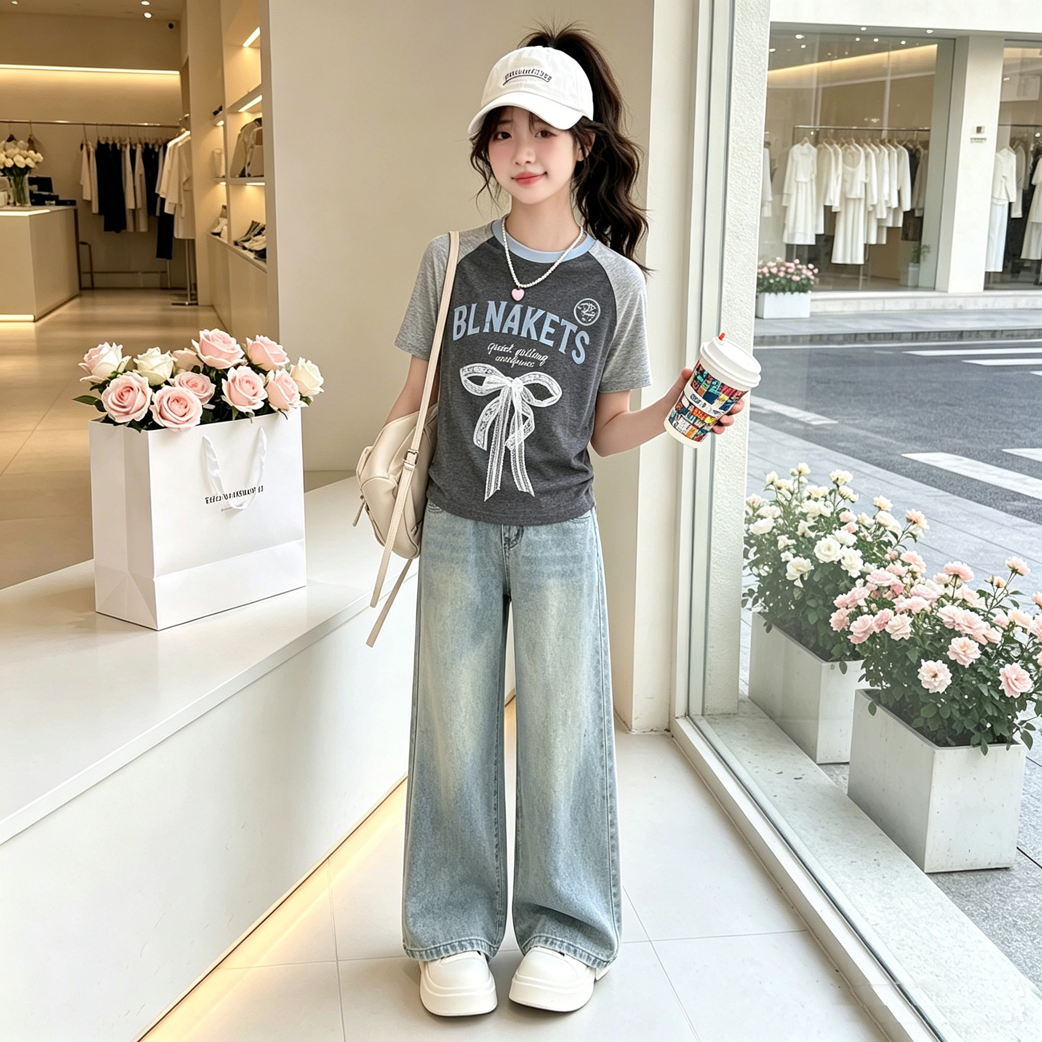女童2026新款时尚夏季洋气韩版上衣两件套百搭阔腿牛仔裤套装潮酷