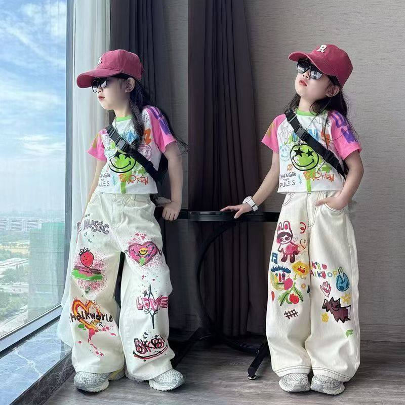 女童夏季套装韩系涂鸦短袖2026新款中大童女孩潮酷阔腿裤两件套潮