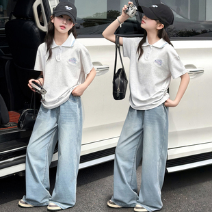 女童夏季学院风POLO衫薄款牛仔裤两件套2026新款儿童短袖休闲套装