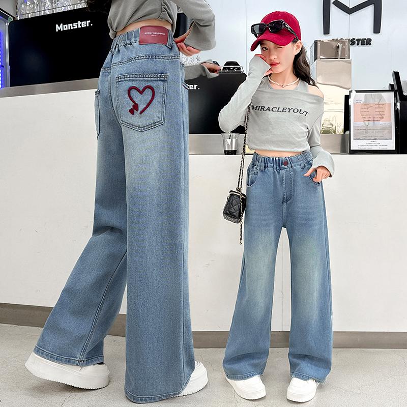 女童牛仔裤春秋款2025新款洋气中大童时髦女孩宽松阔腿裤春季长裤