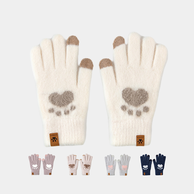 卡通小熊毛绒手套女冬季2025新款可爱加绒保暖毛线骑车手套可触屏