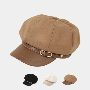 韩系2025新款八角贝雷帽女秋冬显脸小报童帽复古皮质鸭舌画家帽子