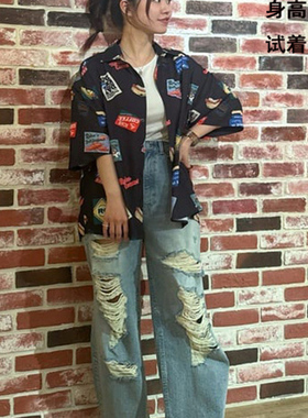 rcwb25年夏新款半袖仿麻纱宽松透气花衬衣半袖情侣男女同款休闲衫