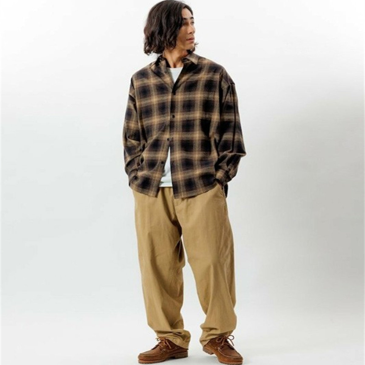 日潮轻松休闲渐变色加厚格子衬衫