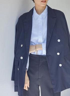 amercian holic日单新款斜纹双排扣休闲女士西服春秋深蓝直筒简约