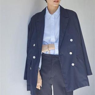 holic日单新款 amercian 斜纹双排扣休闲女士西服春秋深蓝直筒简约