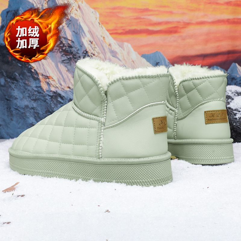 小香风白色雪地靴皮面防水防滑短筒棉鞋女冬加绒韩版百搭保暖短靴