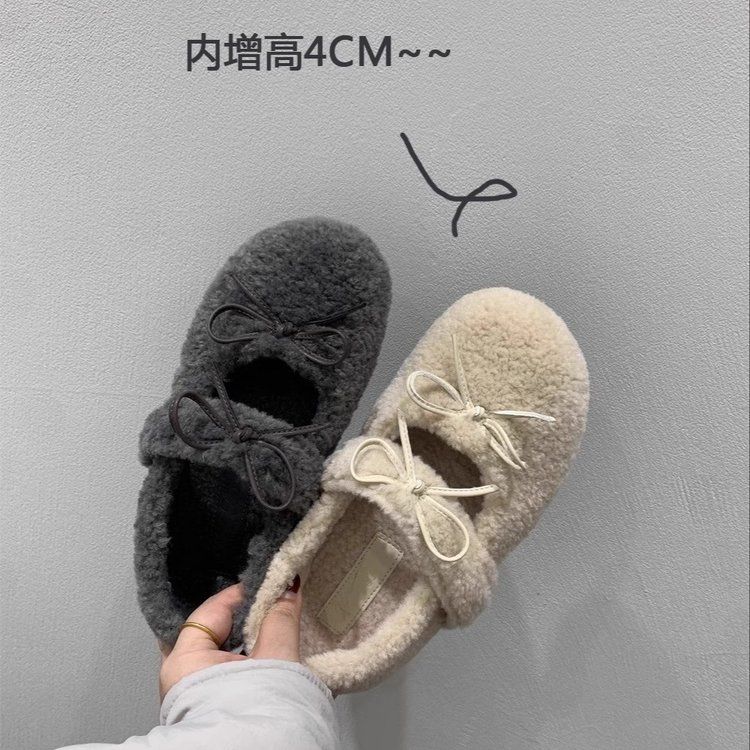 灰呢子~INS露思同款毛毛鞋女2025秋冬慵懒风加绒棉鞋一脚蹬豆豆鞋