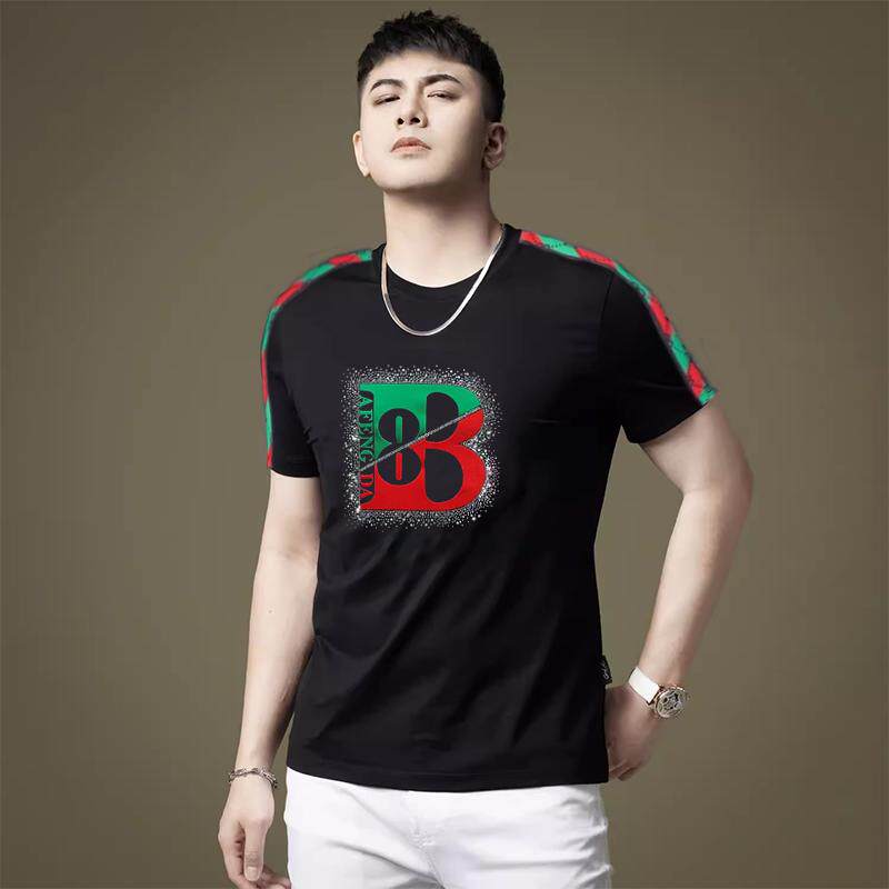 欧美夏季高街t恤男短袖2025新款港风印花烫钻潮牌百搭男士半截袖