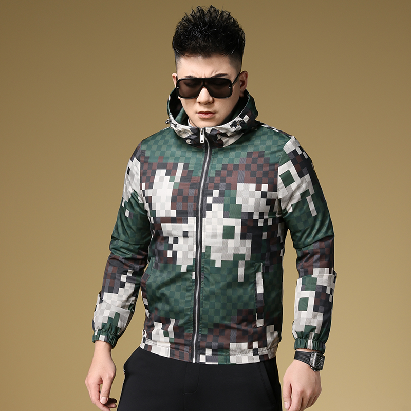 欧洲站2025春季新款潮流帅气格子迷彩连帽夹克高端修身薄款外套男