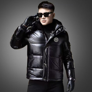 2025冬季新款连帽黑色亮面羽绒服男士90白鸭绒加厚保暖高端外套男