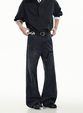 GCINIM401美式复古做旧破洞阔腿牛仔裤男女潮牌黑色工装牛仔长裤