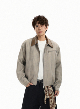 GCINIM401美式复古翻领夹克男女老钱风条纹撞色宽松休闲外套