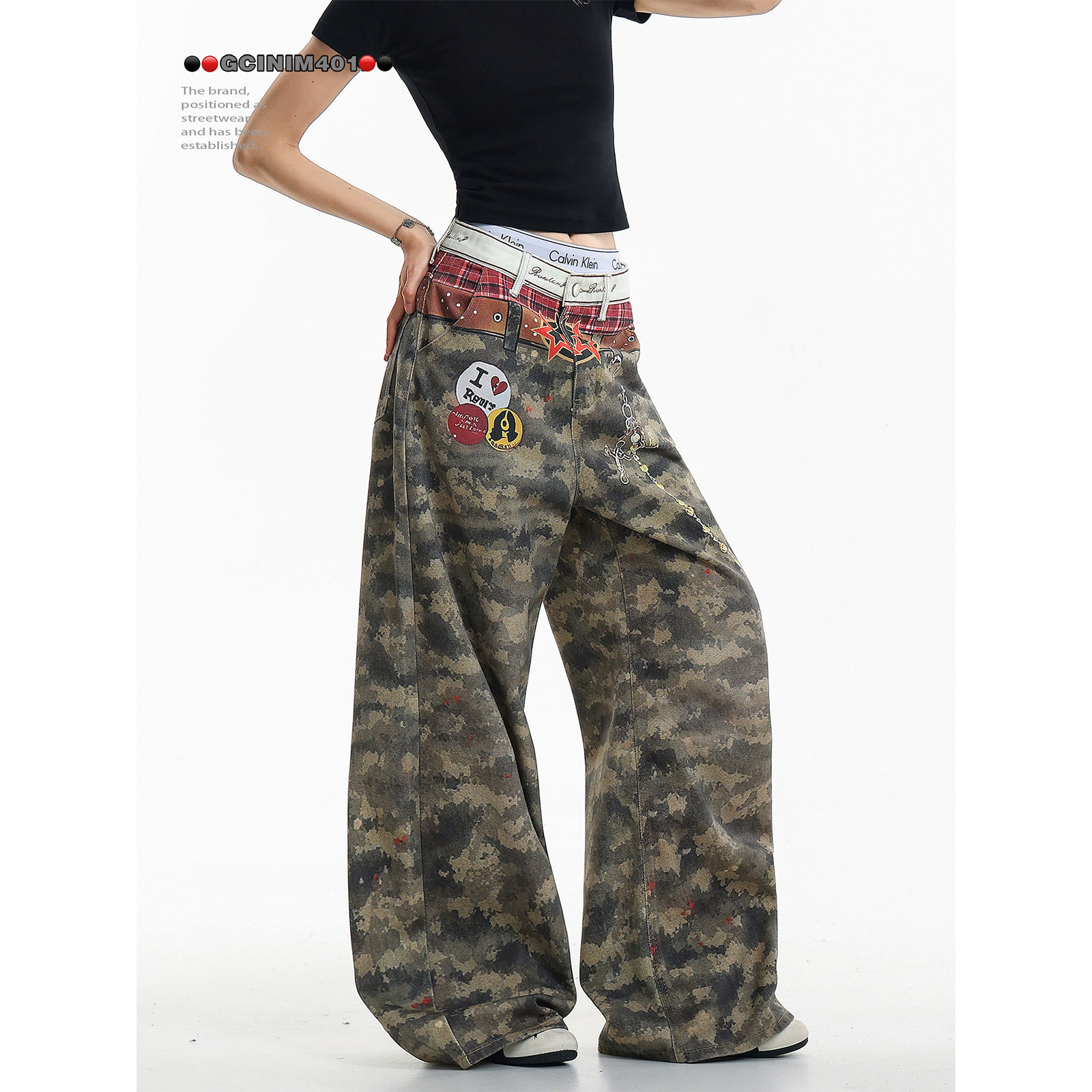 GCINIM401美式复古风彩阔腿牛仔裤男女春季宽松休闲设计感长裤潮