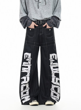 GCINIM401美式街头解构风黑色阔腿牛仔裤男女宽松显瘦设计感长裤